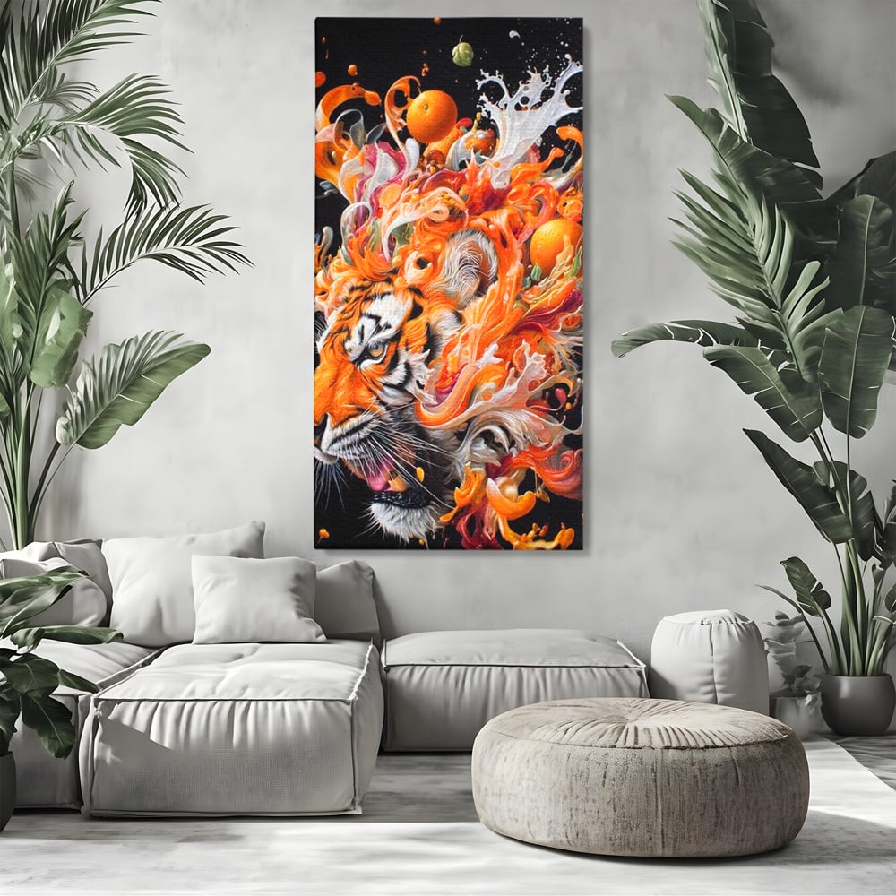 Tablou canvas cu tablou canvas cu cap de tigru si portocale, fara rama, pe sasiu de lemn, pe perete intr-un living